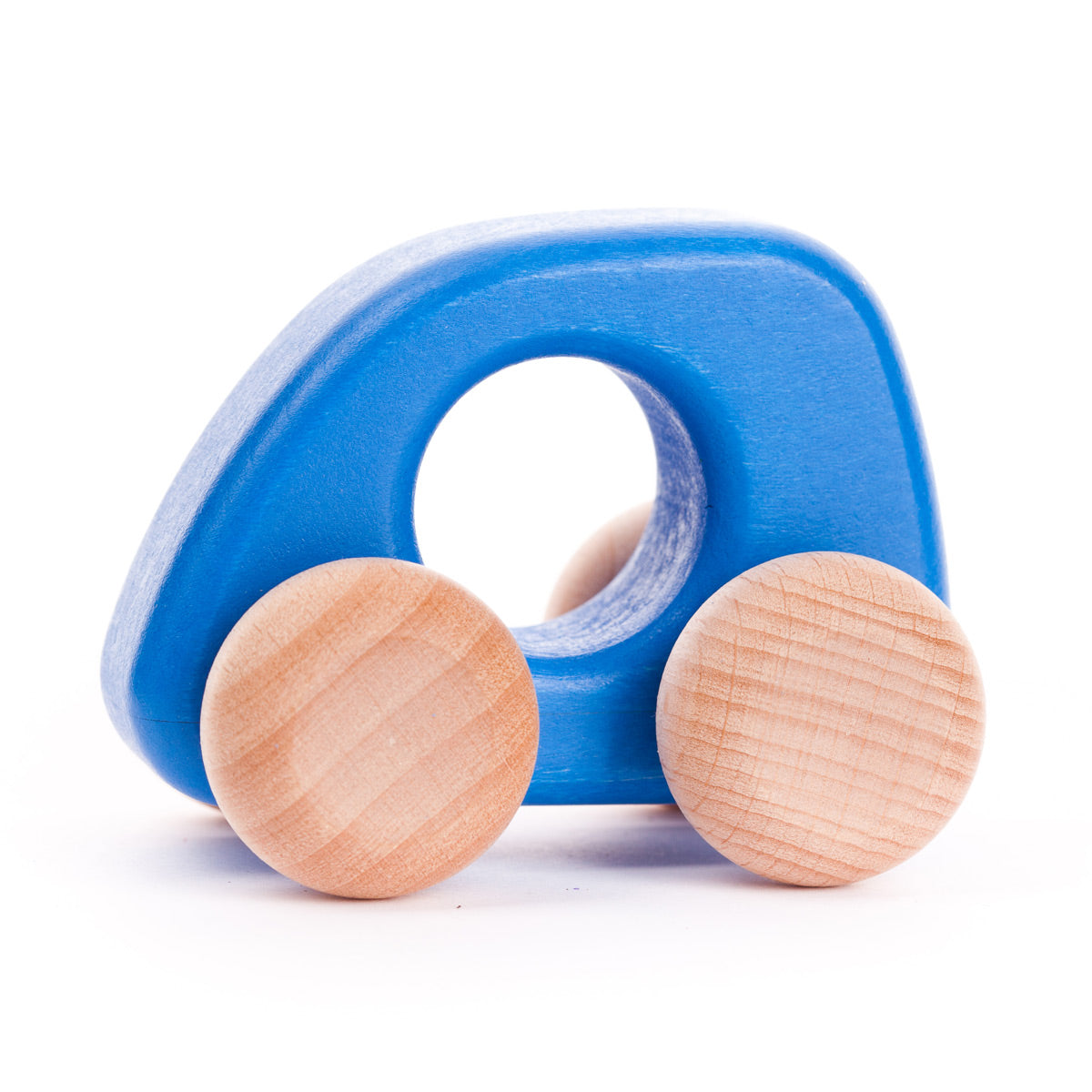 Bajo kids handmade blue wooden mini car toy on a white background