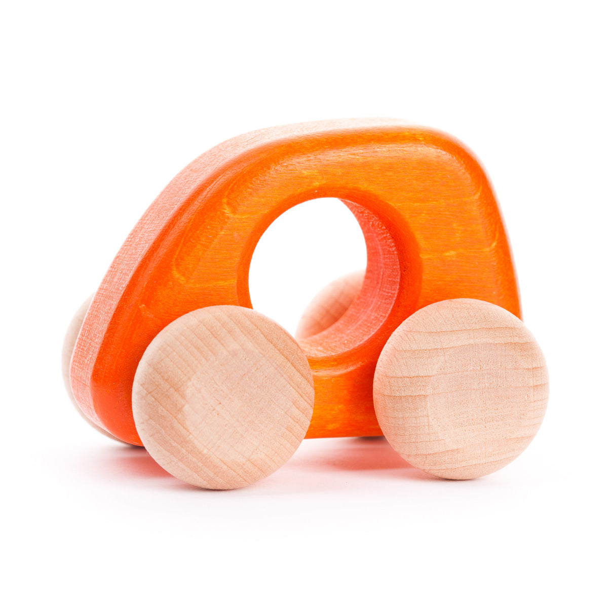 Bajo kids handmade orange wooden mini car toy on a white background