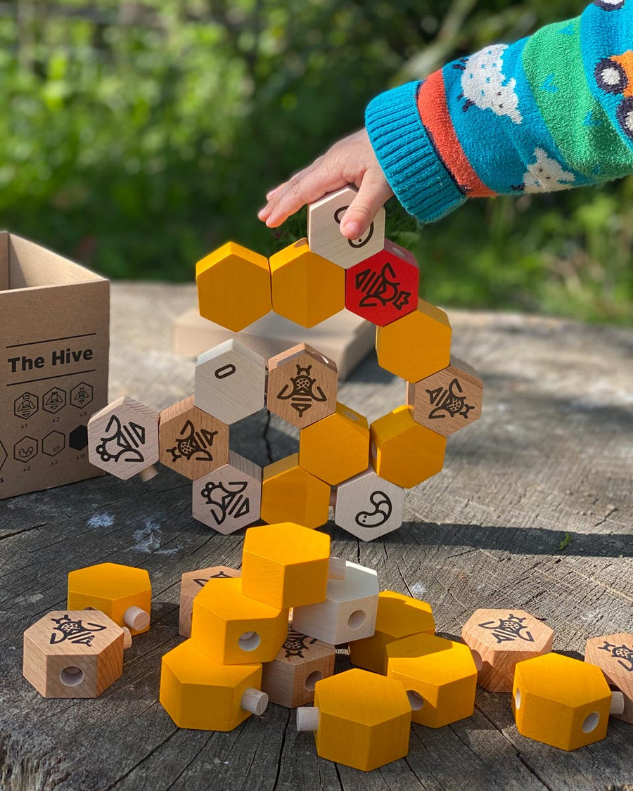 Close up of a child's hand stacking the Bajo wooden Waldorf hive blocks on a wooden log