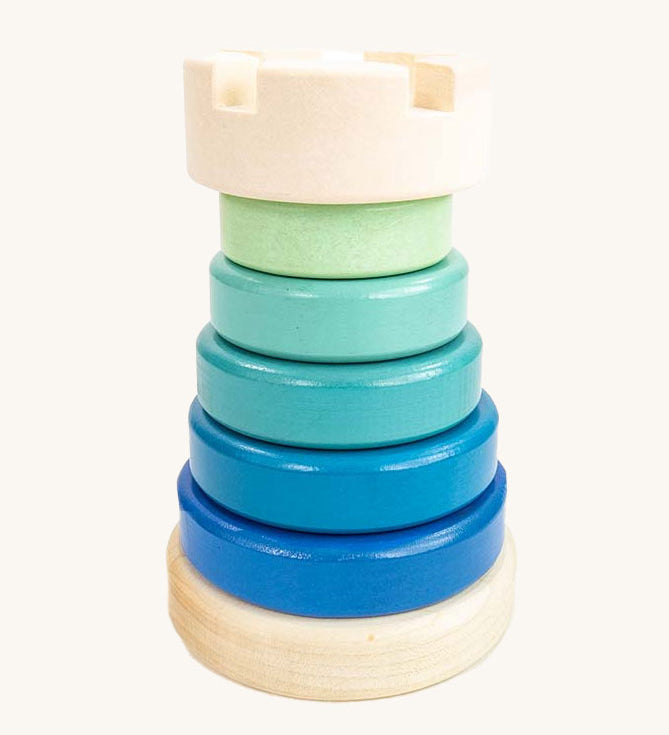 The Bajo Blue Rook Stacking Tower on a plain background.