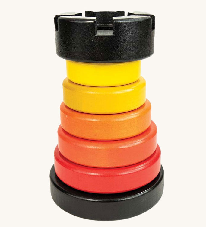 The Bajo Toy Red Rook Stacking Tower on a plain background. 
