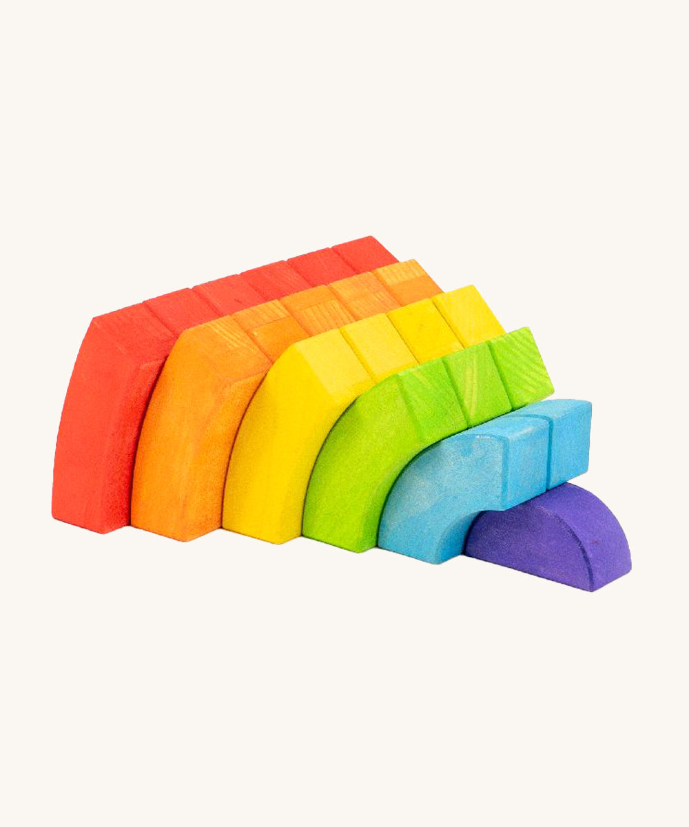 Bajo kids wooden rainbow blocks toy stacked in rows on a white background