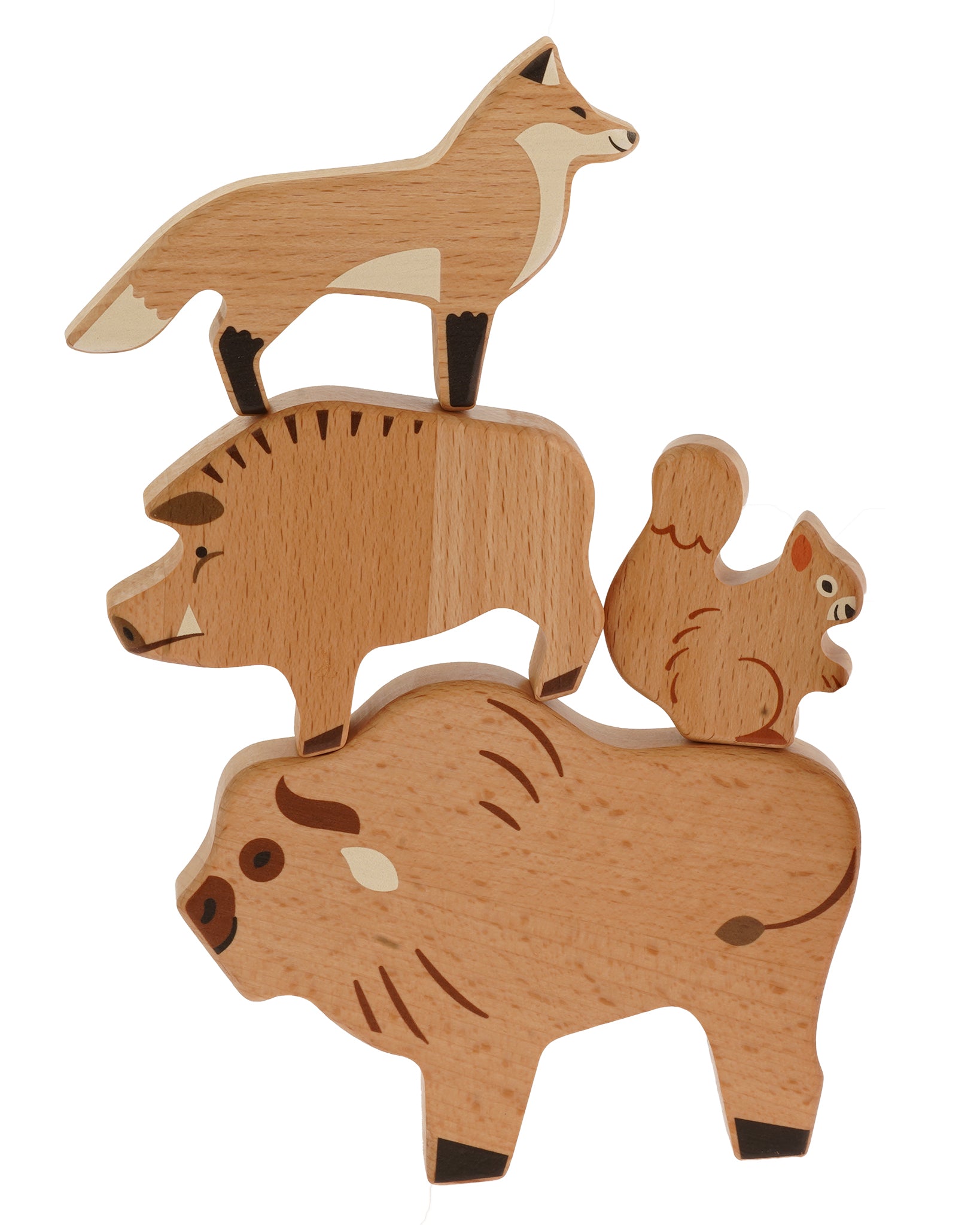  Wooden forest animal figures stacked on top of each other and include: Fox