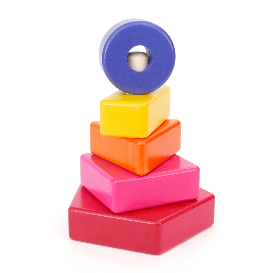 Bajo colourful wooden shapes stacked into a pyramid on a white background