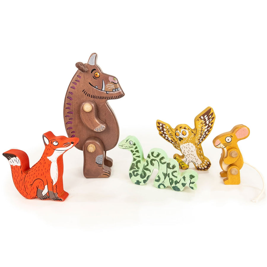 Bajo kid's wooden Gruffalo toy figures stood on a white background