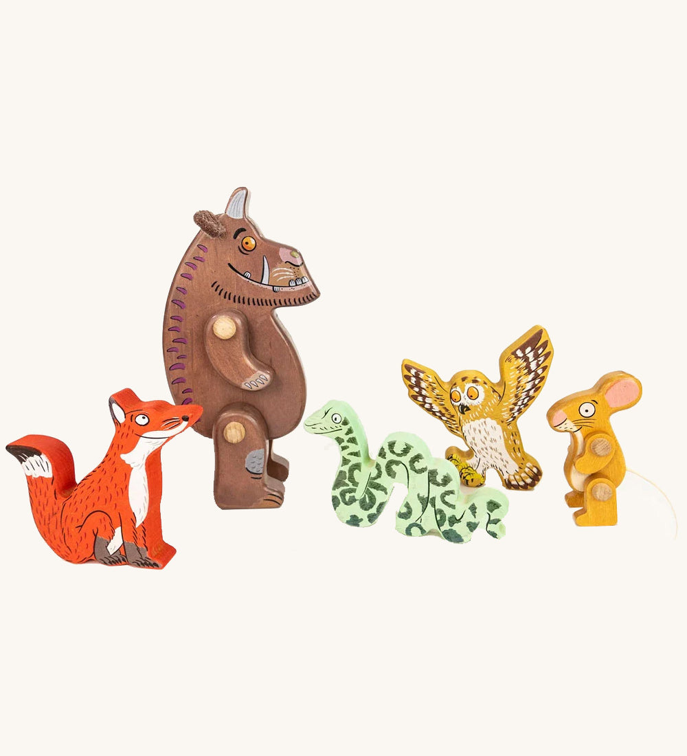 Bajo plastic-free kids Gruffalo character figures stood on a cream background