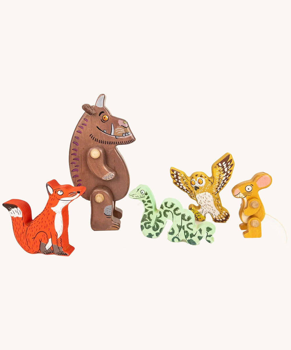 Bajo plastic-free kids Gruffalo character figures stood on a cream background