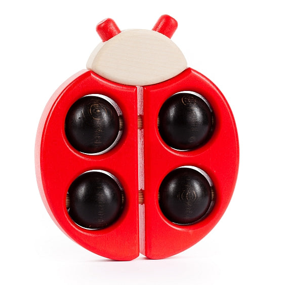 The Bajo Red Ladybird Teether is brightly painted red with black spheres on the body