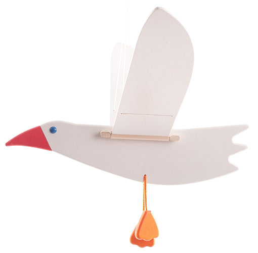 Brighten up your baby's room with this white wooden seagull mobile with its large orange beak