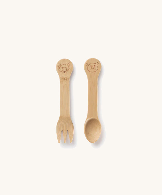 Bambu Bamboo Kids Spoon and Fork on a plain background.