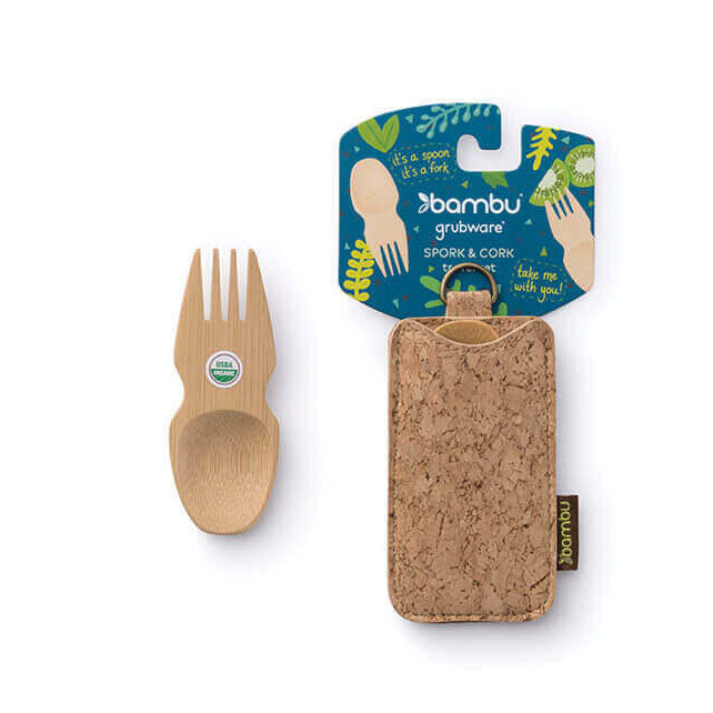 Bambu Bamboo Spork & Cork Case in packaging pictured on a plain white background