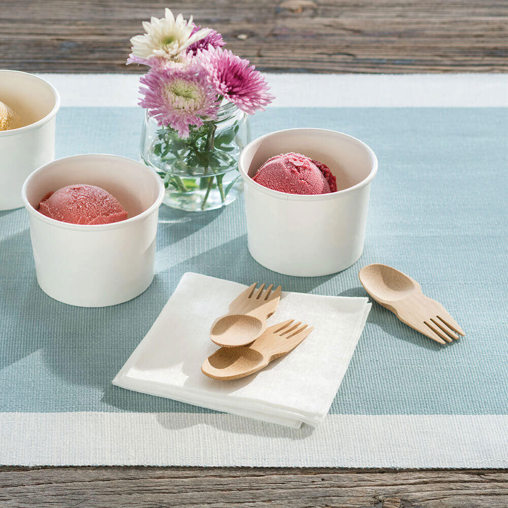 Bambu Bamboo Sporks pictured next to tubs of sorbet and ice creams