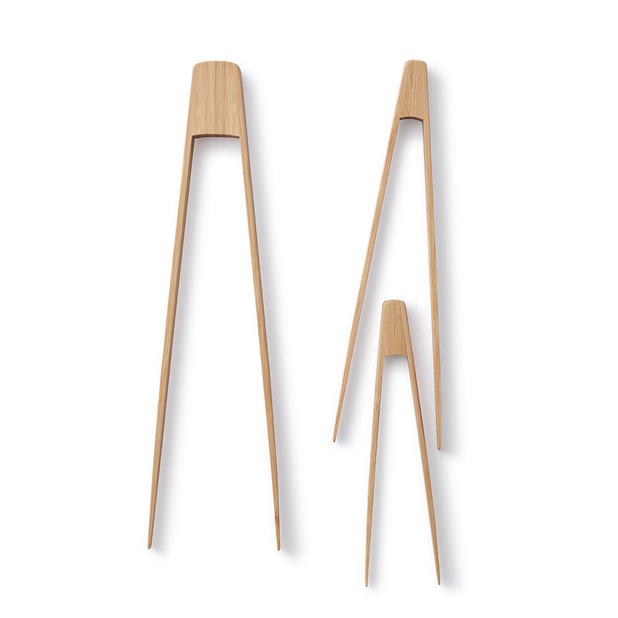 Bambu Bamboo Small Tongs pictured alongside tiny and large tongs on a plain white background