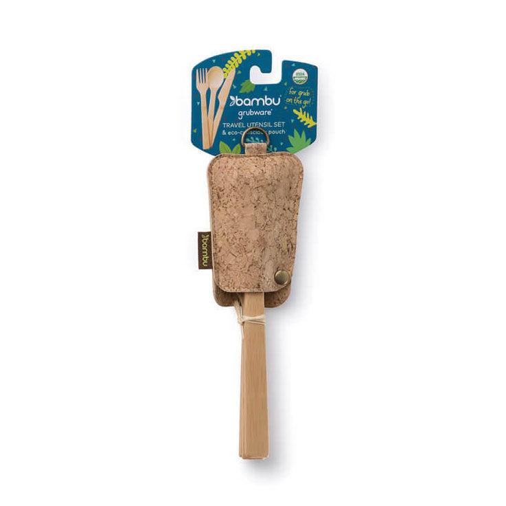 Bambu Bamboo Utensil Travel Set with Cork Fabric Pouch in backaging pictured on a plain white background