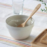 A Bambu Serving Spoon placed in an empty ceramic bowl.