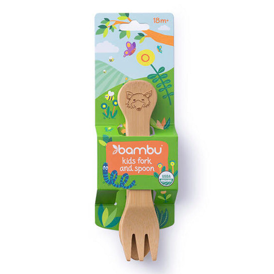 Bambu Kids' Fork & Spoon set shown in cardboard packaging