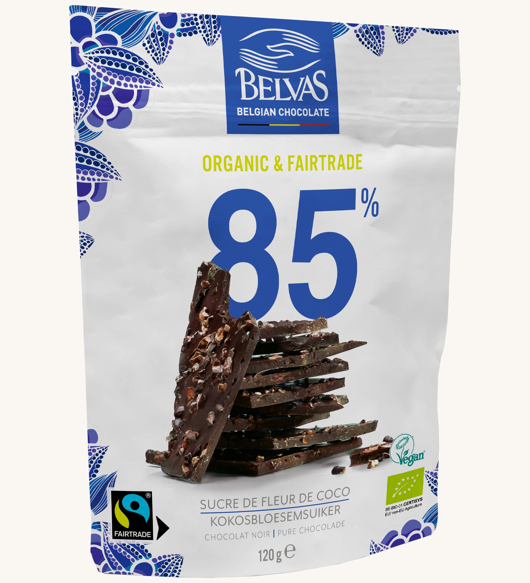 Belvas Belgian Dark Chocolate Thins 85% cocoa, fairtrade and organic. A white packet with blue decorations and an image of the chocolate thins in the centre. Cream backround. 