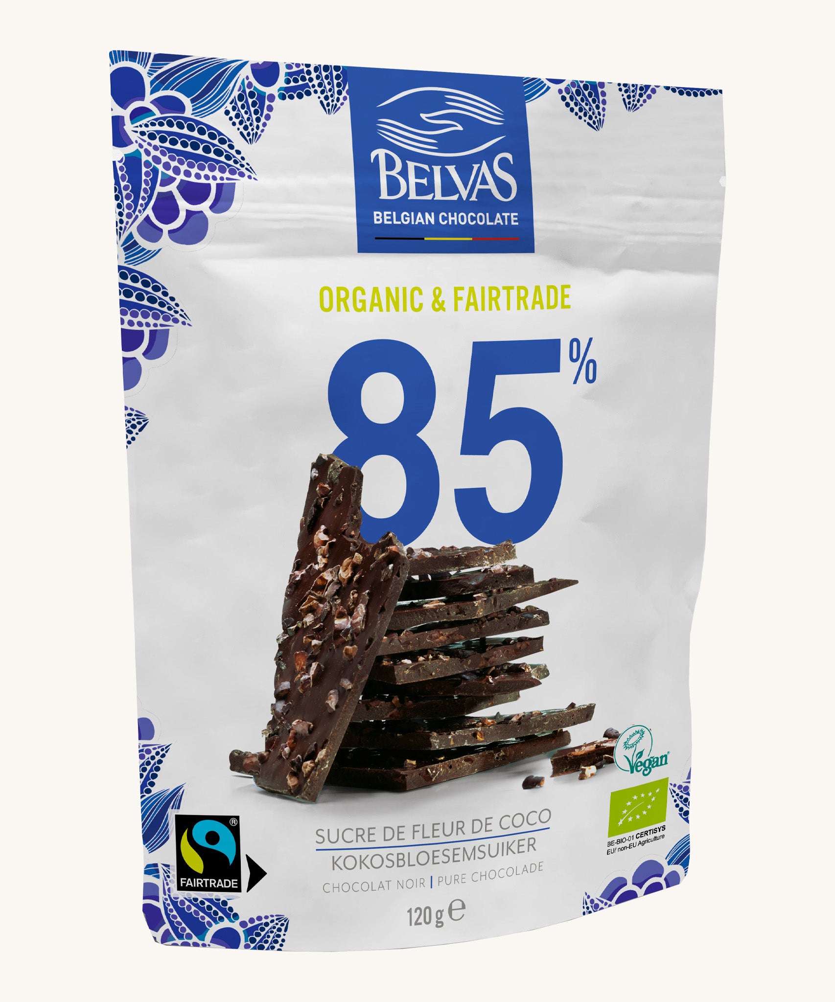 Belvas Belgian Dark Chocolate Thins 85% cocoa, fairtrade and organic. A white packet with blue decorations and an image of the chocolate thins in the centre. Cream backround. 