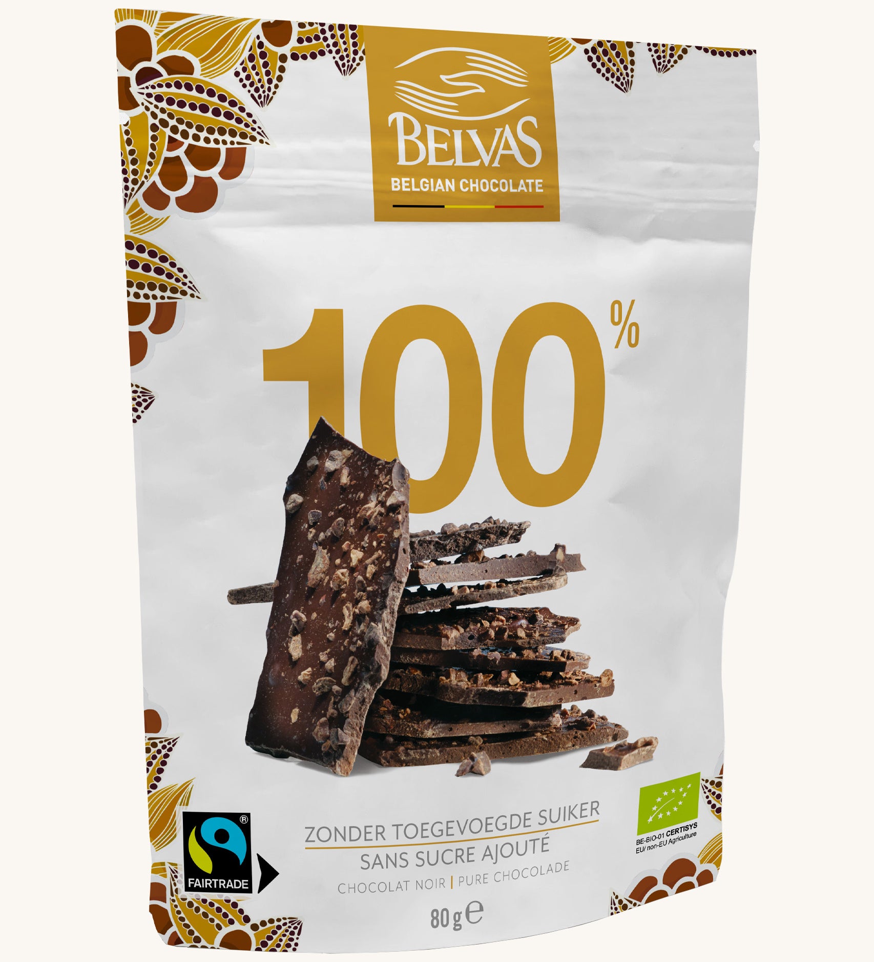 Belvas Belgian 100% Dark Chocolate Thins, a white resealable pouch with gold writing and an image of dark chocolate thins in the centre. Cream background.