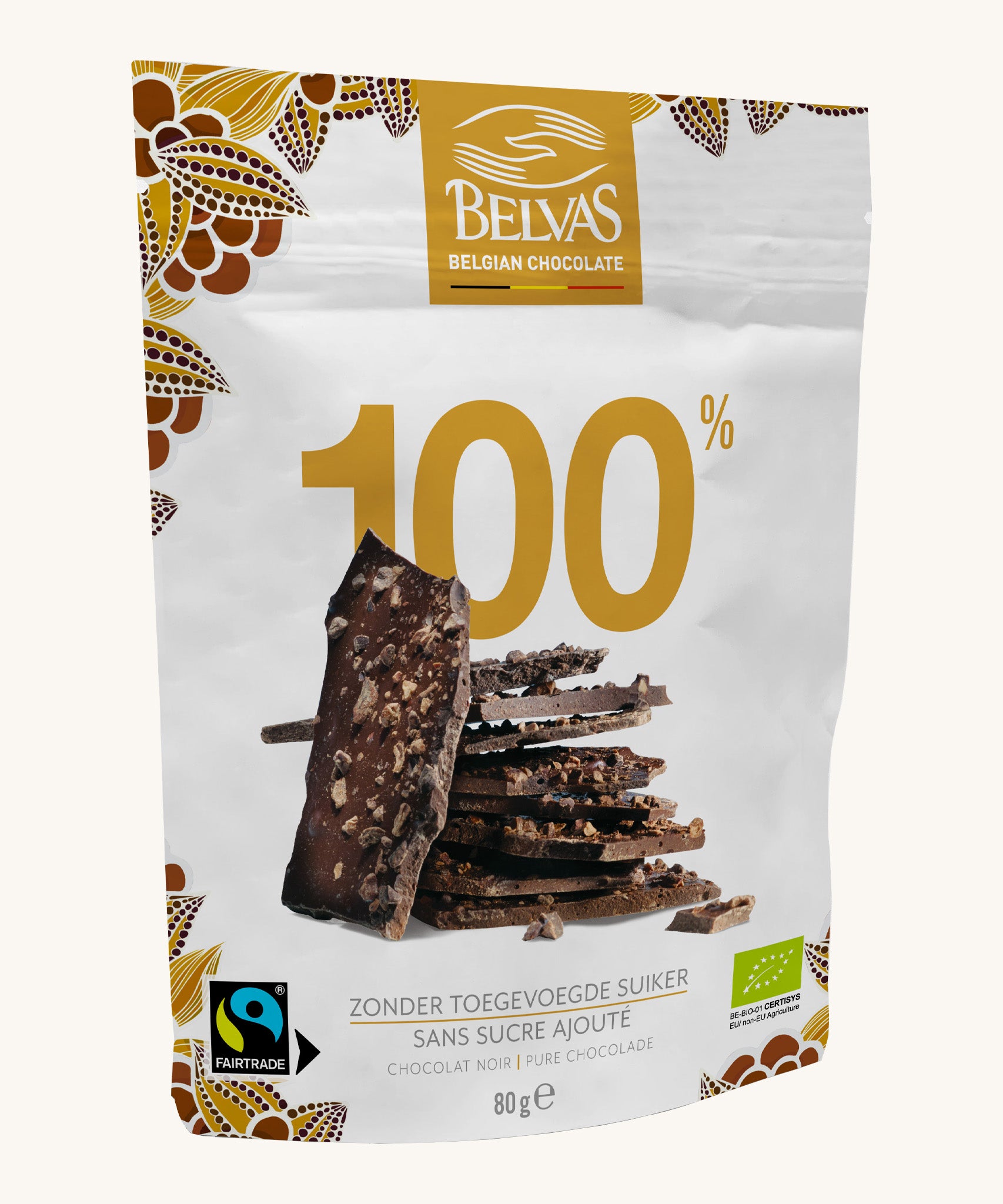 Belvas Belgian 100% Dark Chocolate Thins, a white resealable pouch with gold writing and an image of dark chocolate thins in the centre. Cream background.