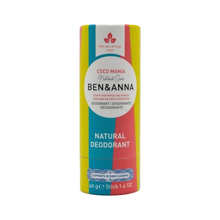 Ben & Anna eco-friendly 40g paper deodorant stick in the coco mania scent on a white background