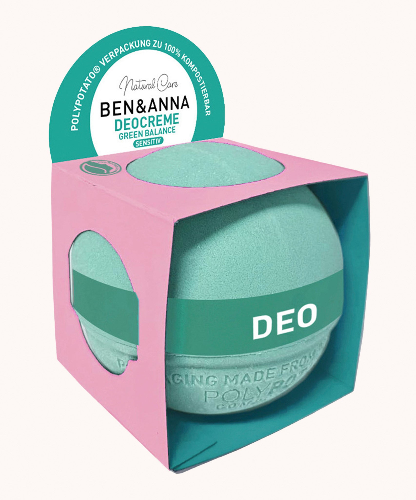 Ben & Anna Deo Creme - Green Balance 45g. A lightweight, creamy, moisturising creme balm, in a green compostable sphere packaging, on a white background