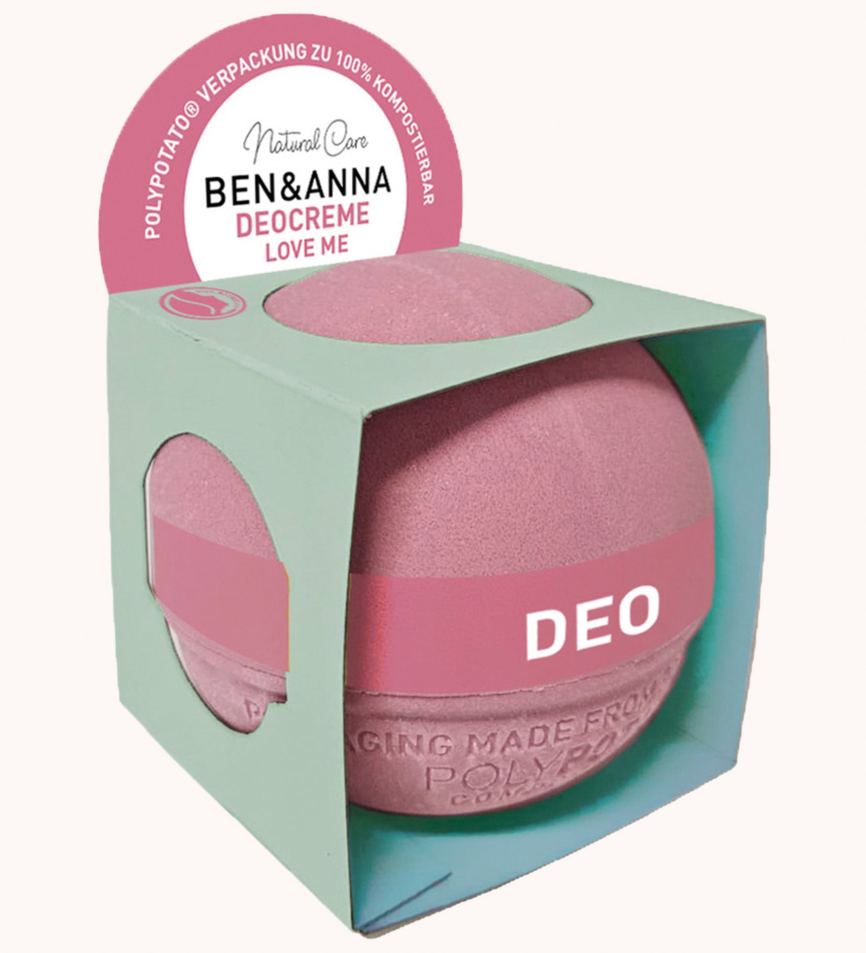 Ben & Anna Deo Creme - Love Me 45g. A moisturising, light, creamy deodorant creme balm in a pink compostable sphere packaging, on a white background