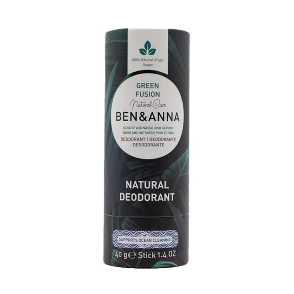 Ben & Anna eco-friendly 40g paper deodorant stick in the green fusion scent on a white background