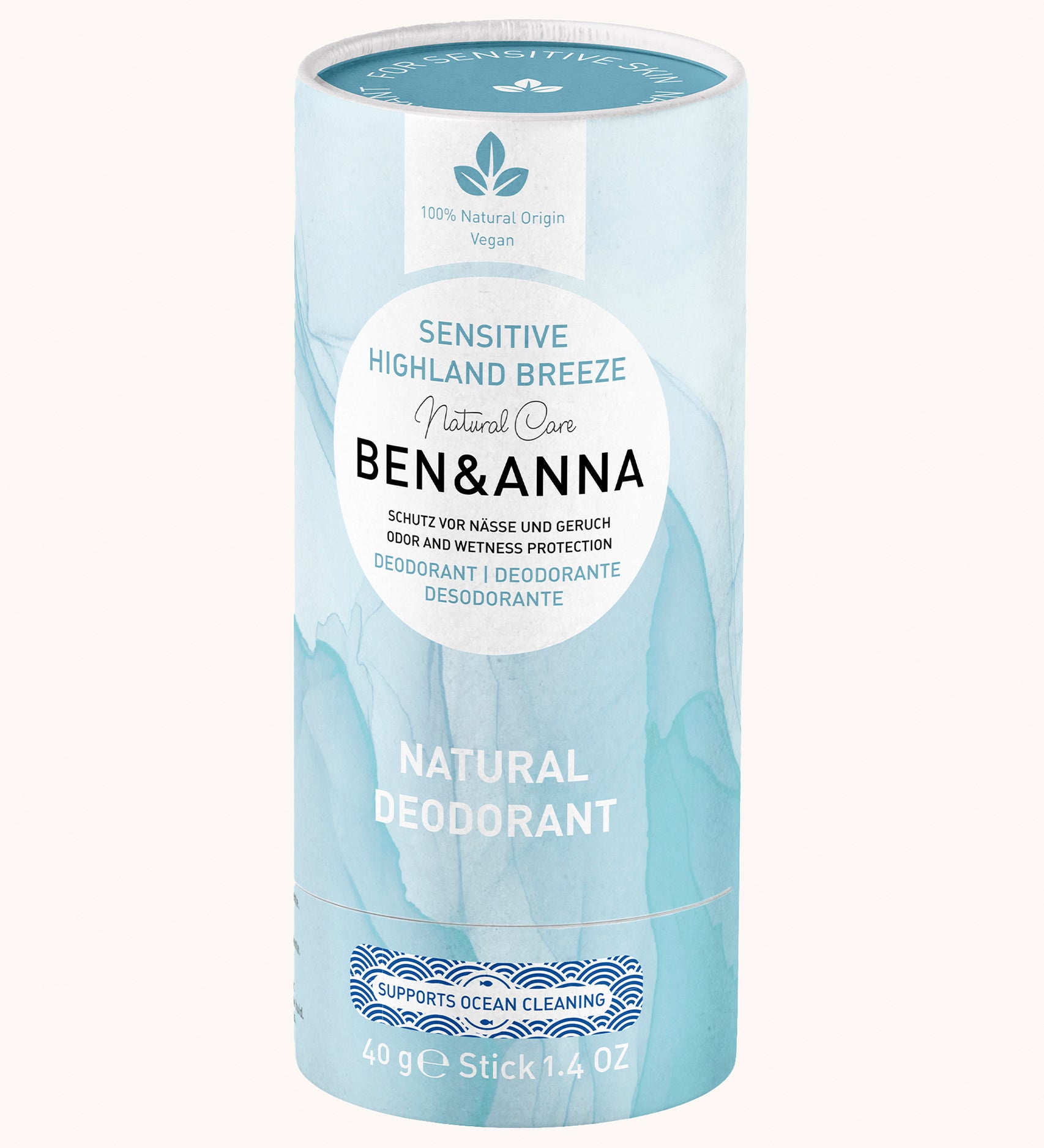 Ben & Anna Deodorant Paper Stick For Sensitive Skin - Highland Breeze 40g. A 100% Natural, Organic and Vegan deodorant in a recyclable paper tube, on a white background