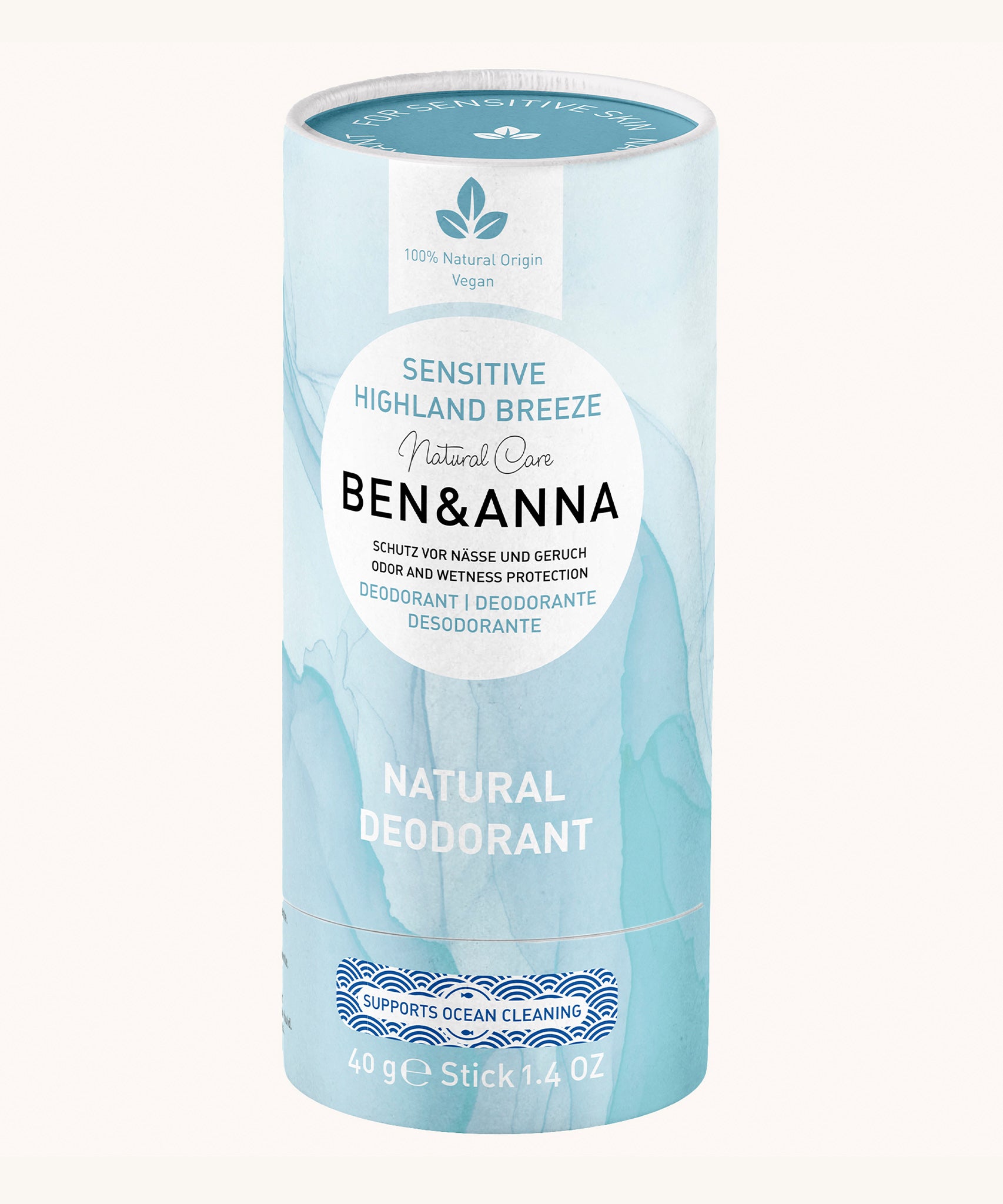 Ben & Anna Deodorant Paper Stick For Sensitive Skin - Highland Breeze 40g. A 100% Natural, Organic and Vegan deodorant in a recyclable paper tube, on a white background