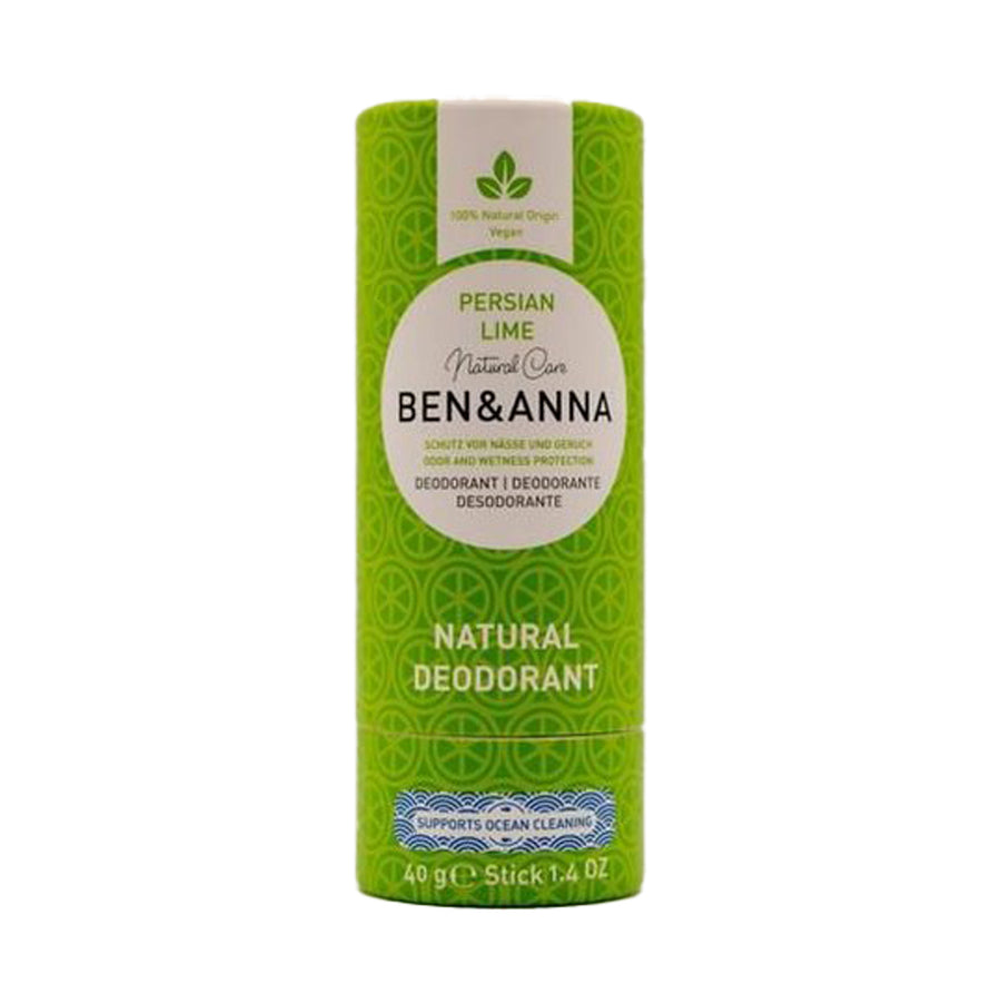 Ben & Anna eco-friendly 40g paper deodorant stick in the persian lime scent on a white background