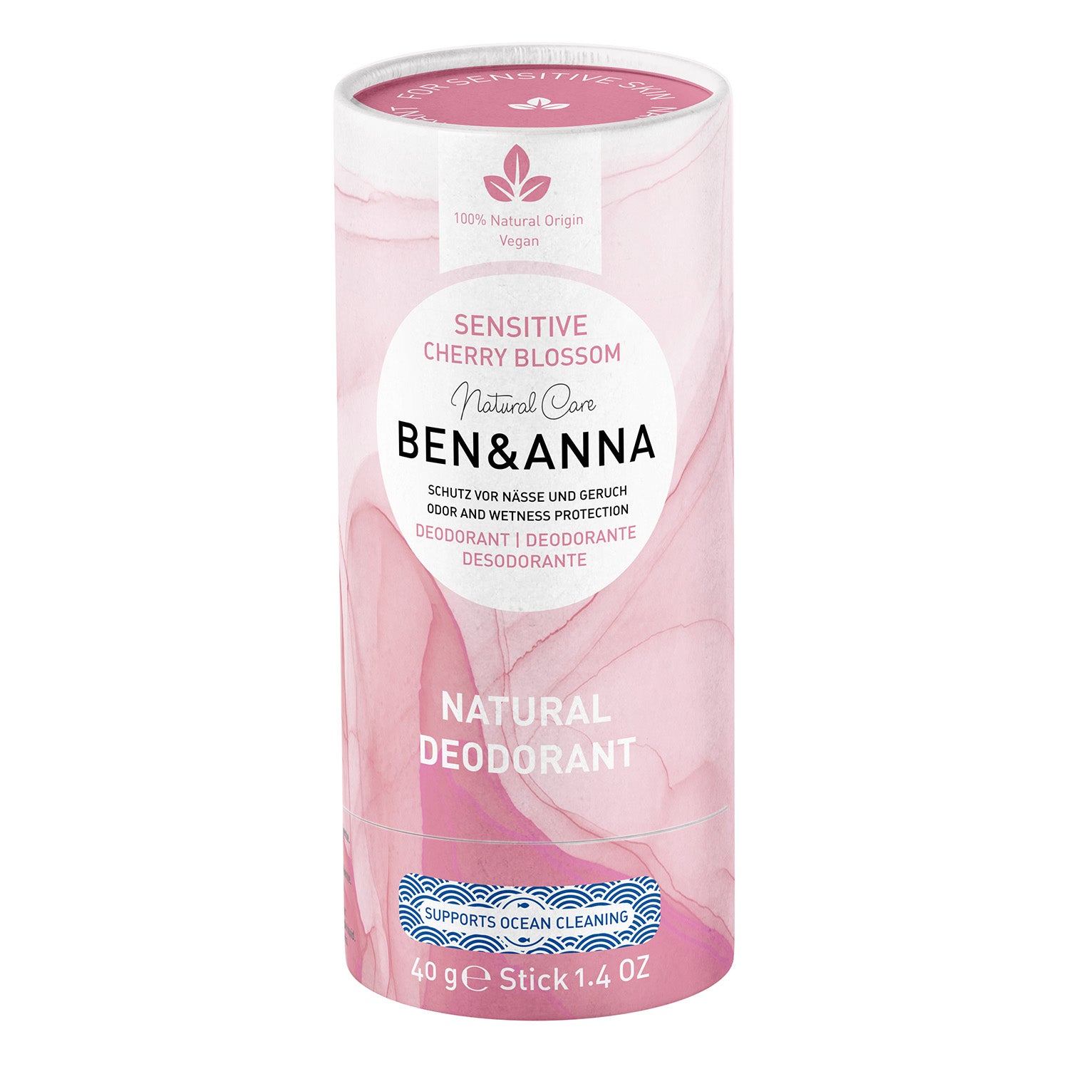 Ben & Anna Organic Sensitive Deodorant Paper Tube 40g in Cherry Blossom. gentle, fruity and floral fragrance deodorant in a pink paper tube, on a white background