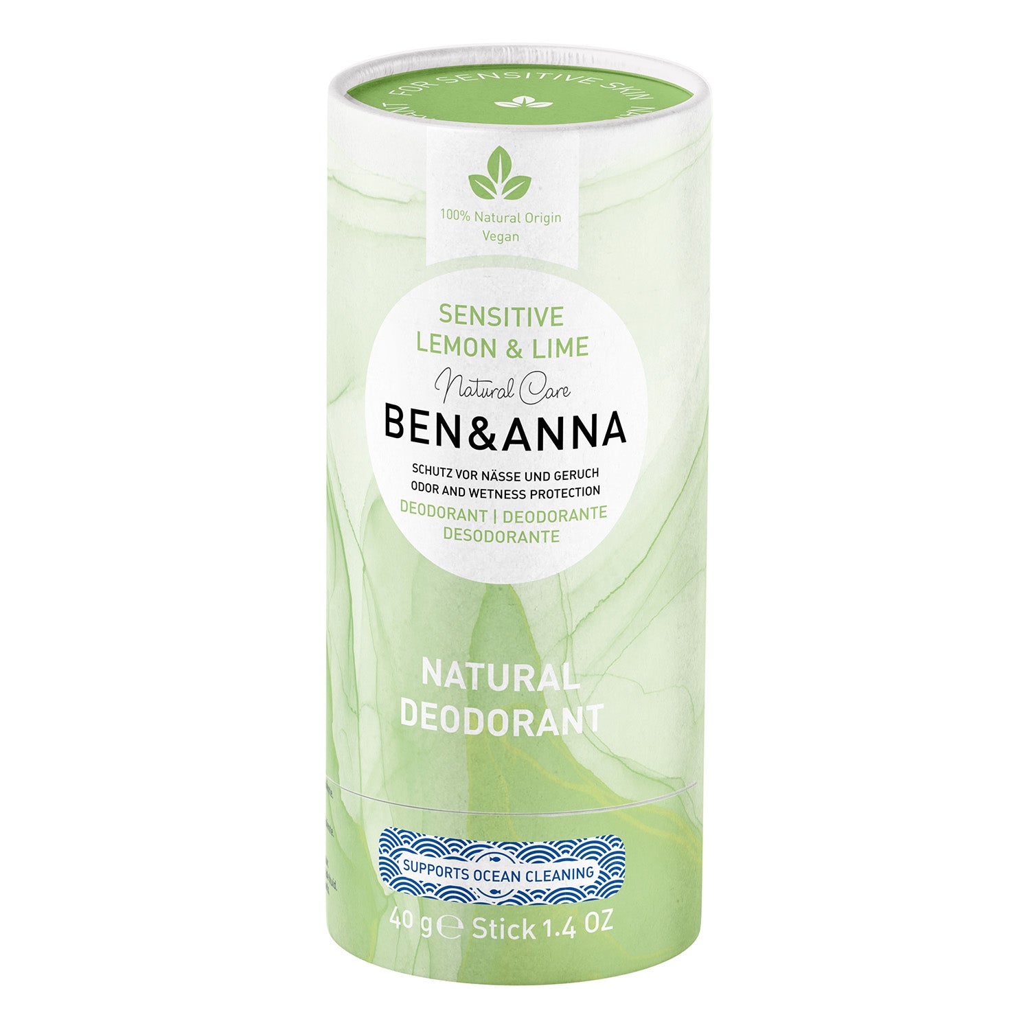 Ben & Anna Sensitive Deodorant Paper Tube 40g in Lemon and Lime. A fresh, lemony and uniquely lively deodorant in a green paper tube, on a white background