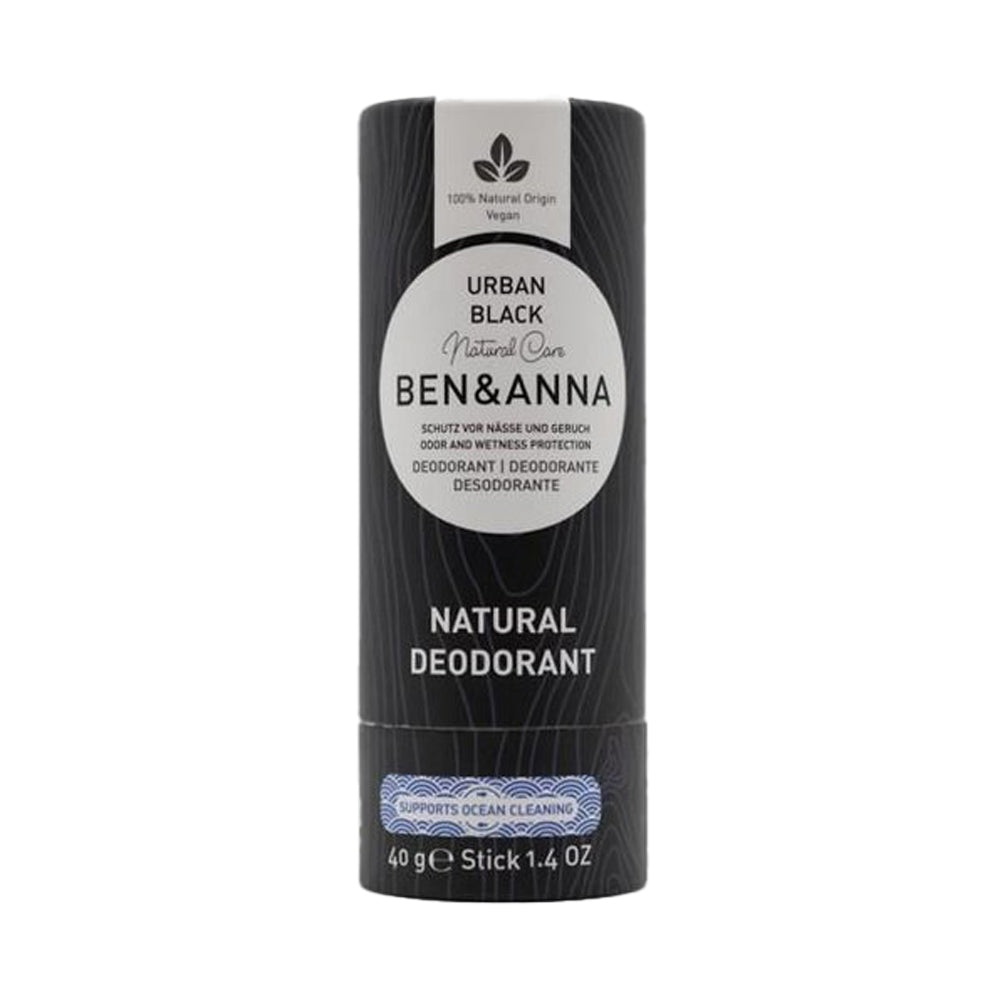 Ben & Anna eco-friendly 40g paper deodorant stick in the urban black scent on a white background