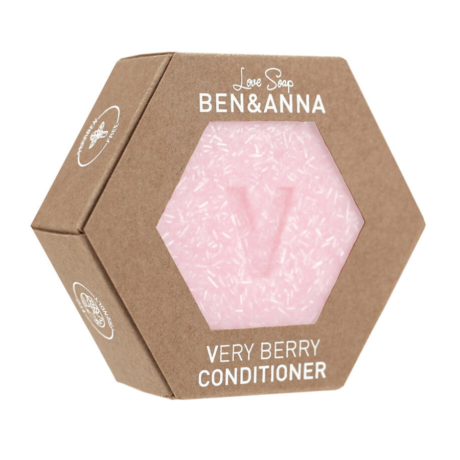 Ben & Anna Very Berry eco-friendly solid hair conditioner bar on a white background