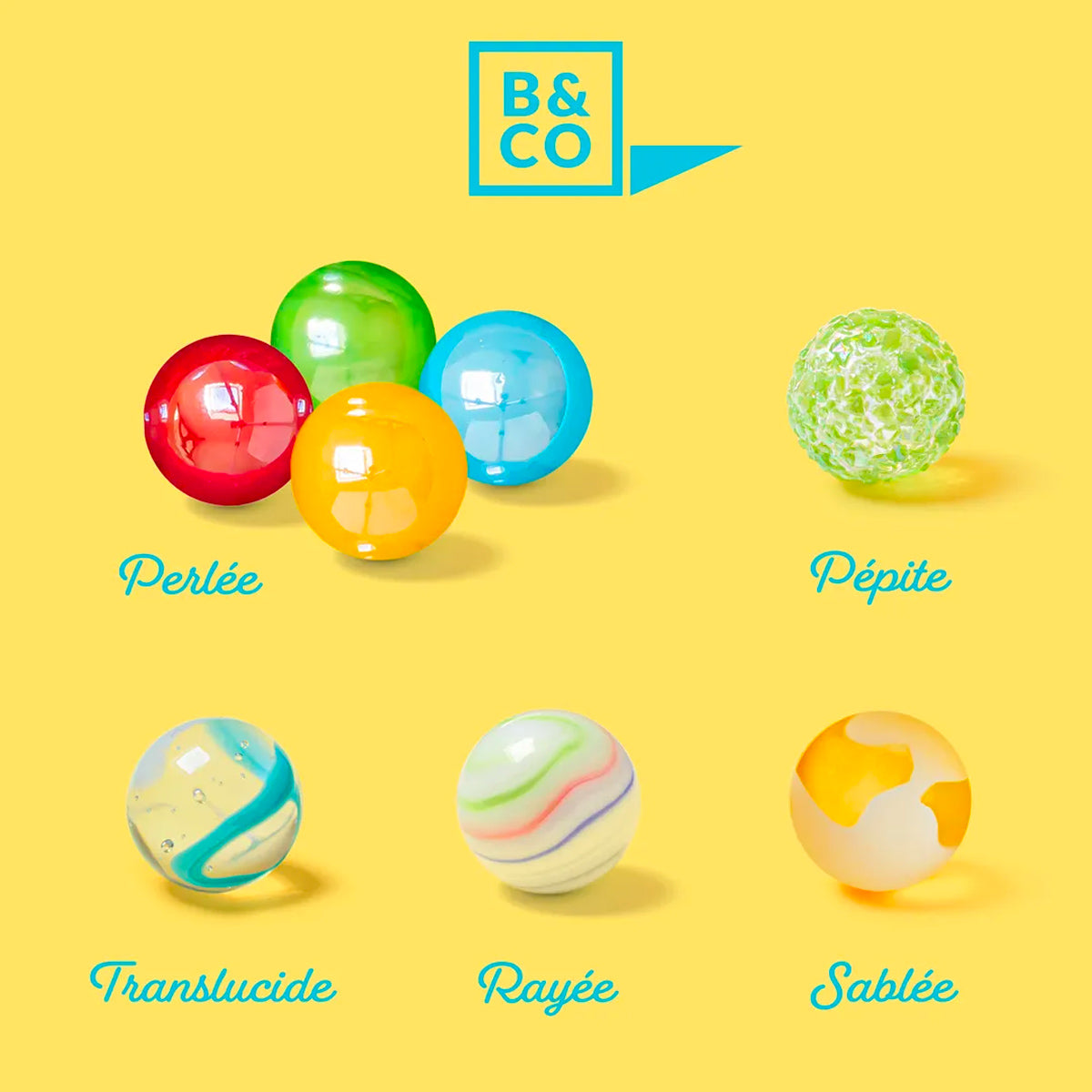 Colourful infographic showing different coloured marbles in the Billes & Co Beau Rivage set