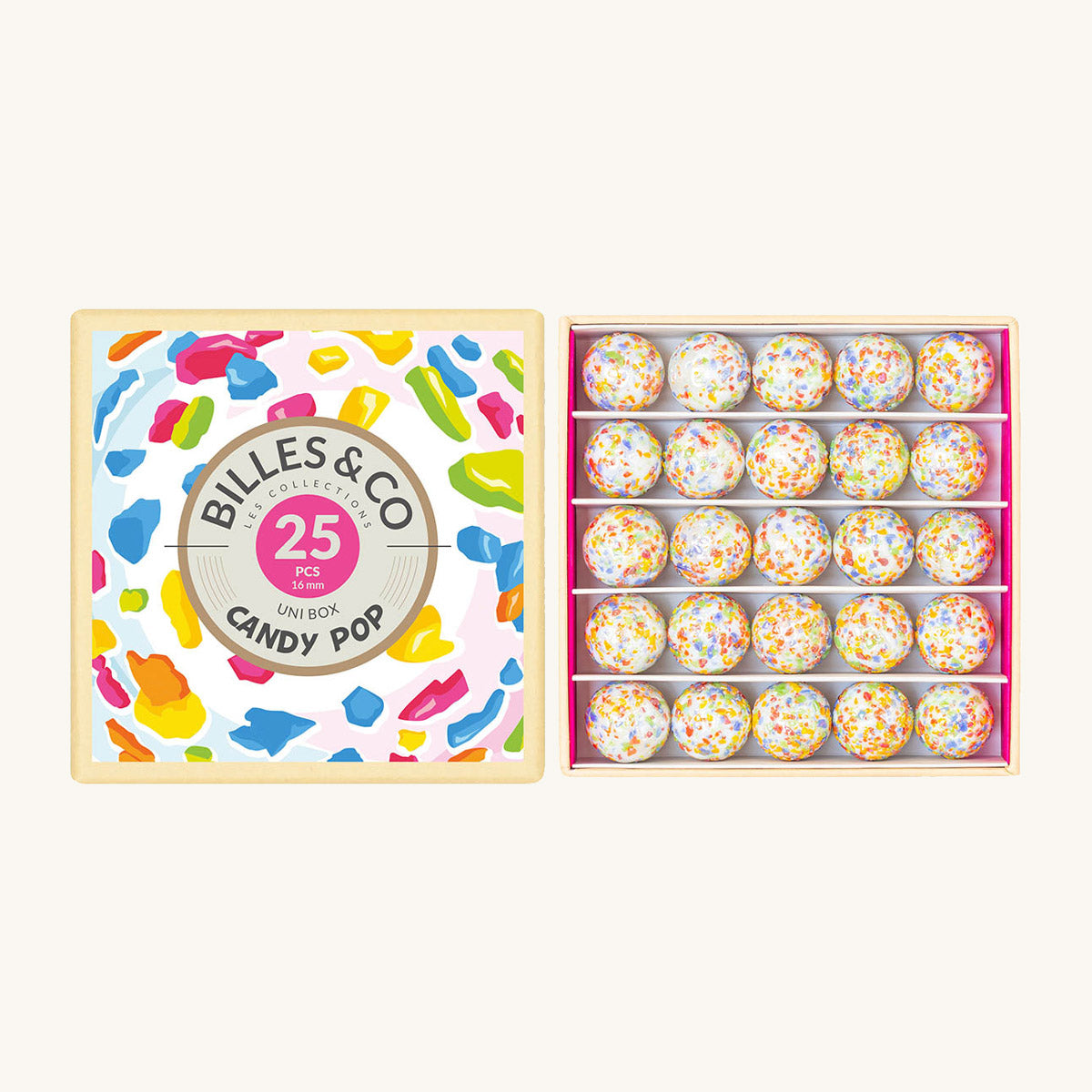 Billes & Co kids Candy Pop recycled glass marbles uni box open on a white background showing the marbles inside