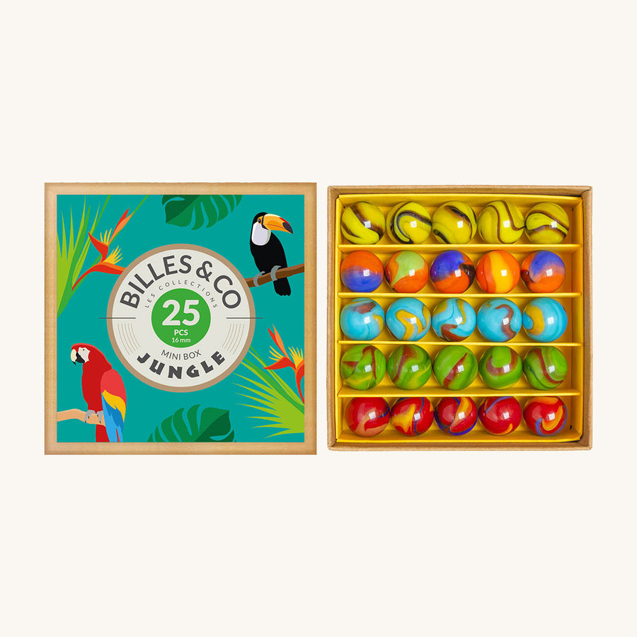 Billes & Co kids Jungle recycled glass marbles mini box open on a white background showing the marbles inside