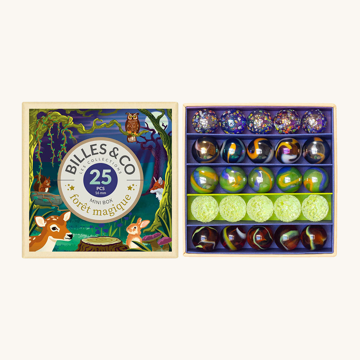 Billes & Co kids recycled glass Magic Forest marbles mini box open on a white background showing the marbles inside