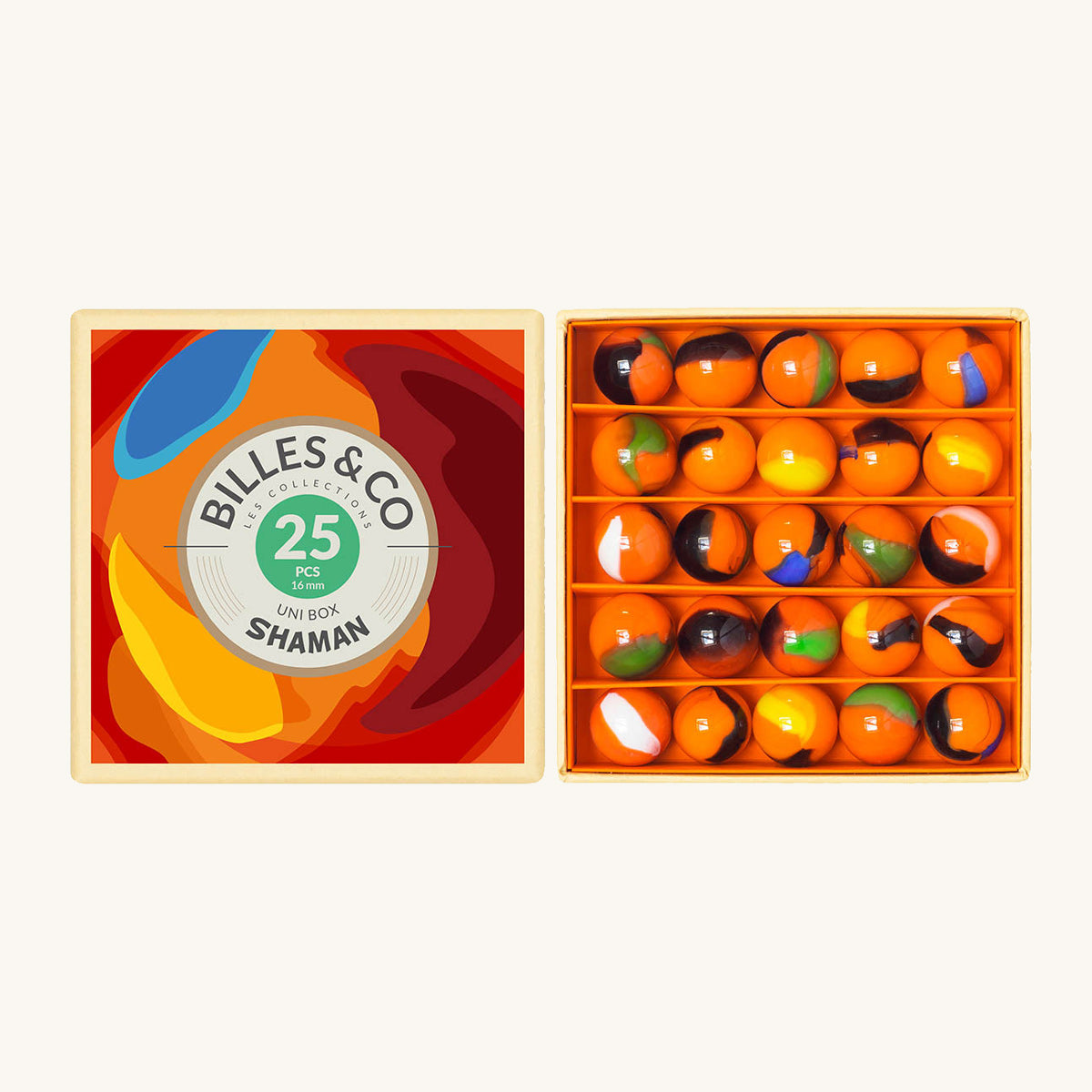 Billes & Co kids Shaman recycled glass marbles uni box open on a white background showing the marbles inside