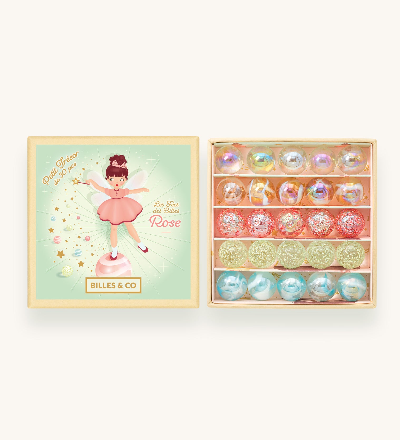 Billes & Co fairy marbles in original cardboard packaging on a cream background. 