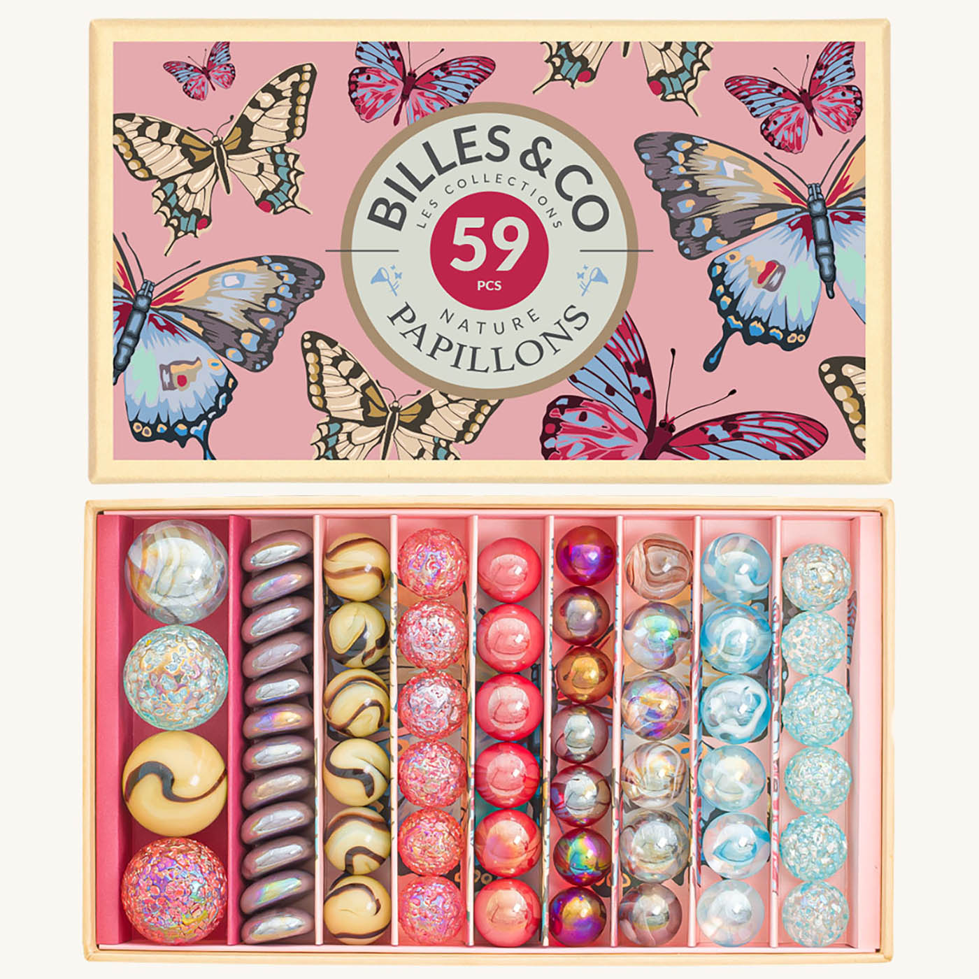 Billes & Co Butterfly Anamorphic Glass Marbles Set box