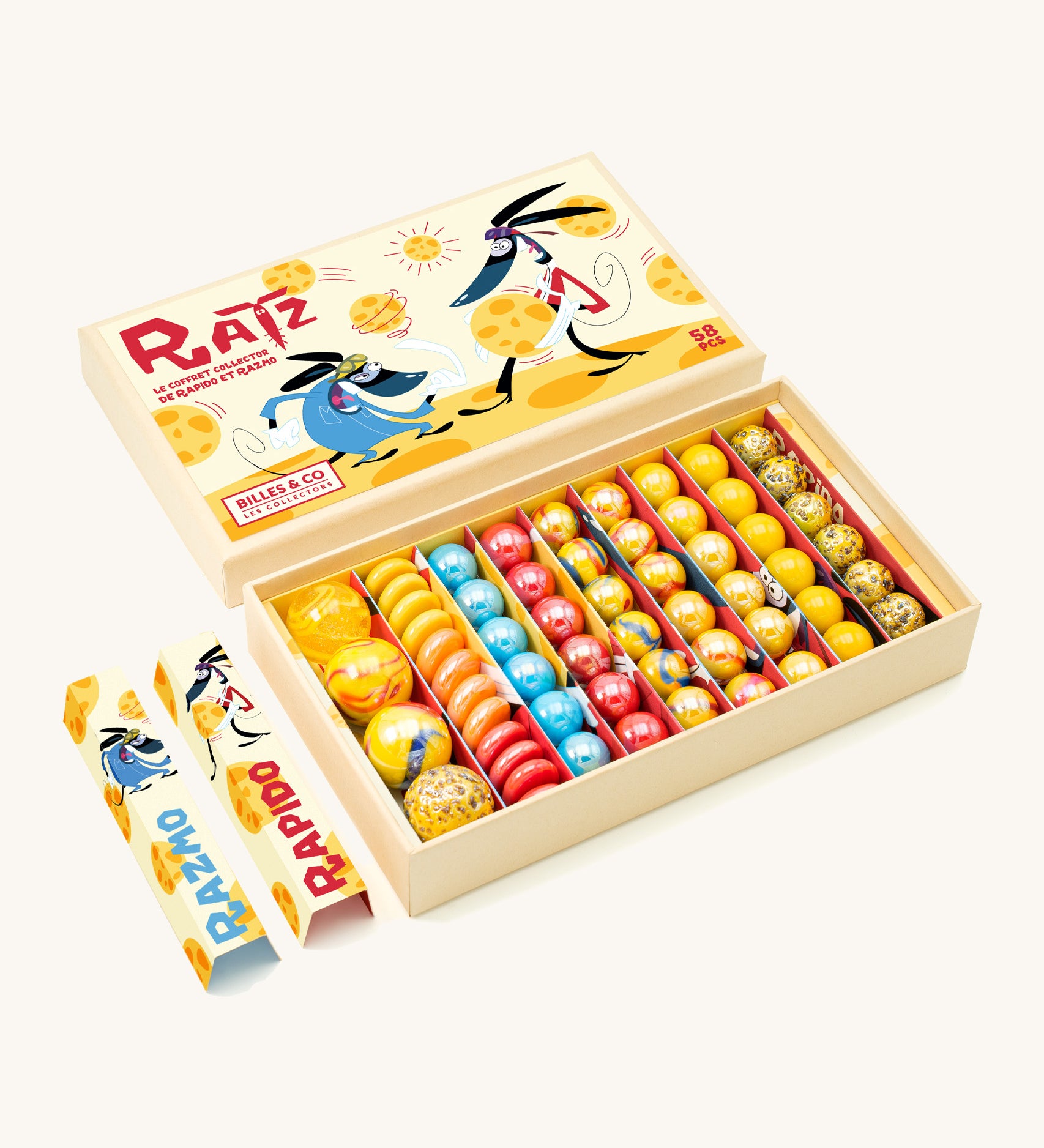 Billes & Co marbles Ratz collection in original cardboard packaging on a cream background.