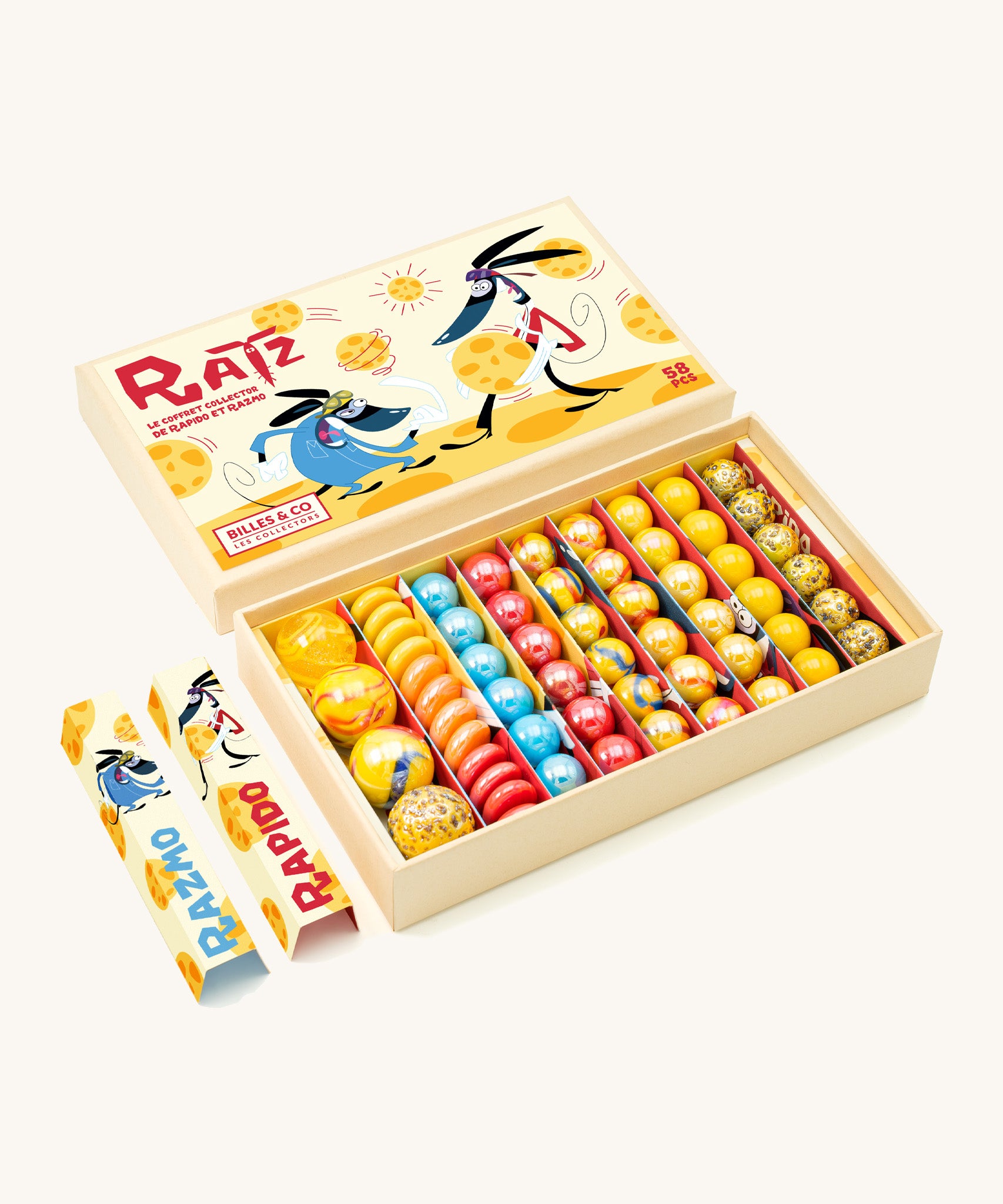 Billes & Co marbles Ratz collection in original cardboard packaging on a cream background.