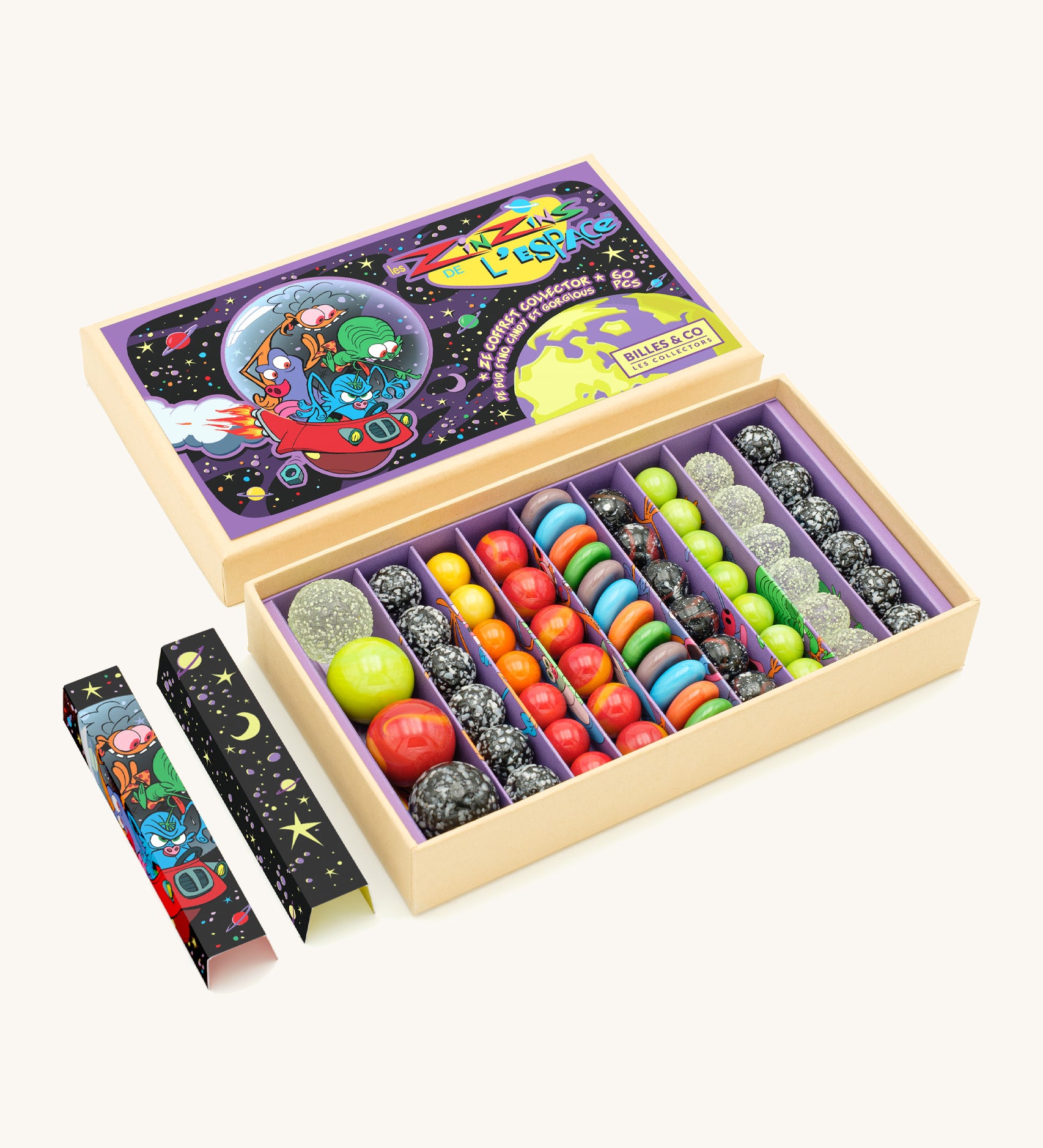 Billes & Co marbles space goofs collection in original cardboard packaging on a cream background 