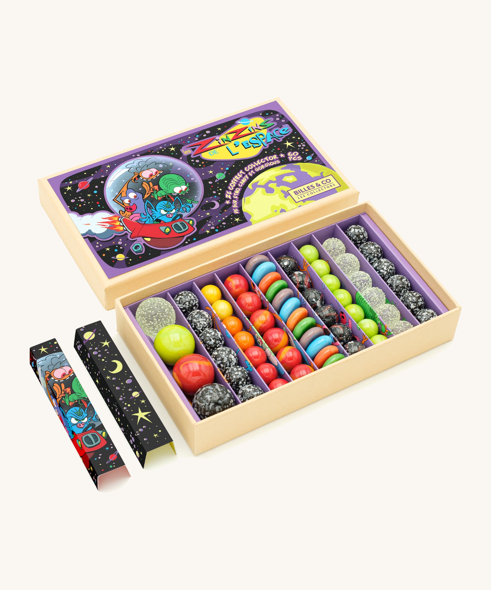 Billes & Co marbles space goofs collection in original cardboard packaging on a cream background 