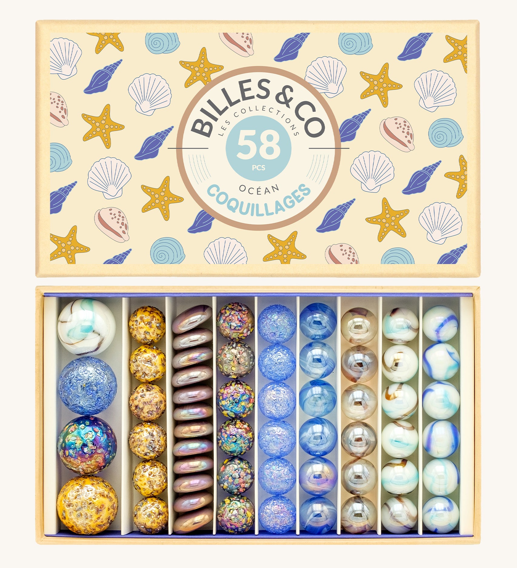 Billes & Co Seashells Glass Marbles Box - 58 Pack. Includes flat, large and small marbles which are smooth and some are textured with a seashell and beach design and colour