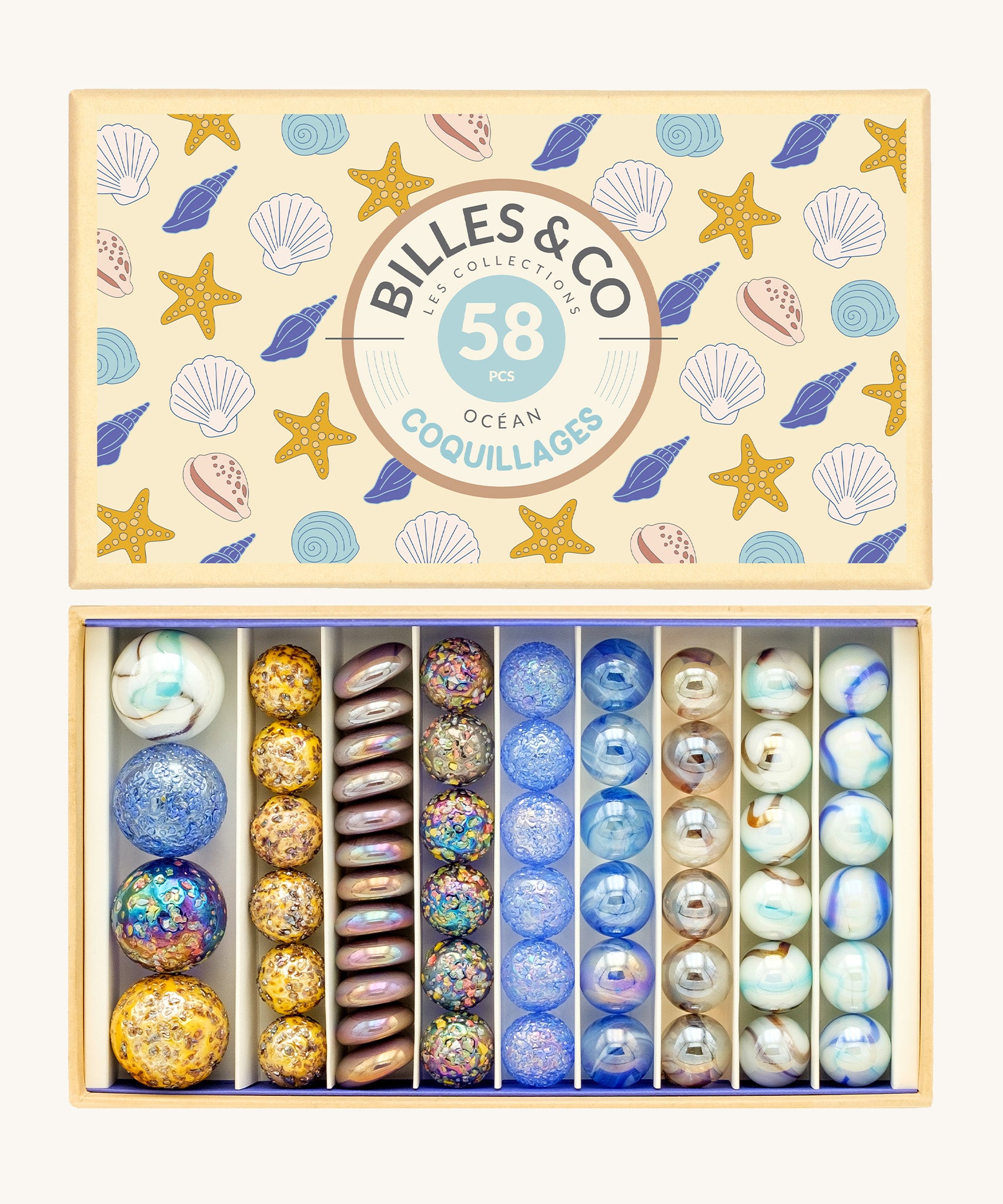 Billes & Co Seashells Glass Marbles Box - 58 Pack. Includes flat, large and small marbles which are smooth and some are textured with a seashell and beach design and colour