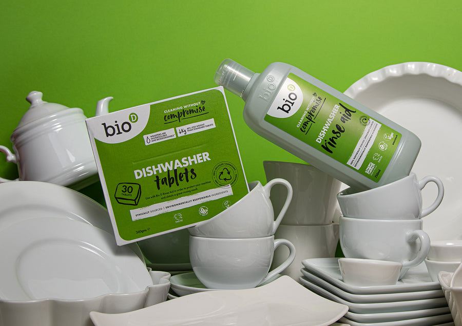 with Bio-D dish washing tablet creating arrows between both products