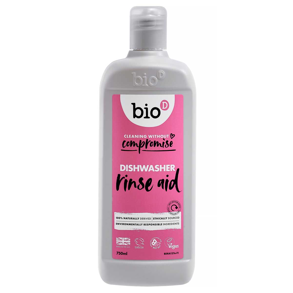 Bio-D 750ml bottle of dishwasher rinse aid pictured on a plain white background